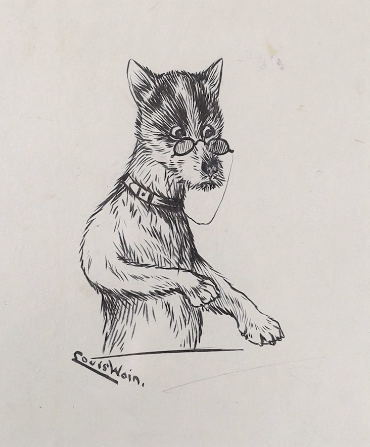 Louis William Wain (1860-1939), pen and ink, 'Dog wearing spectacles', signed, 20 x 17cm